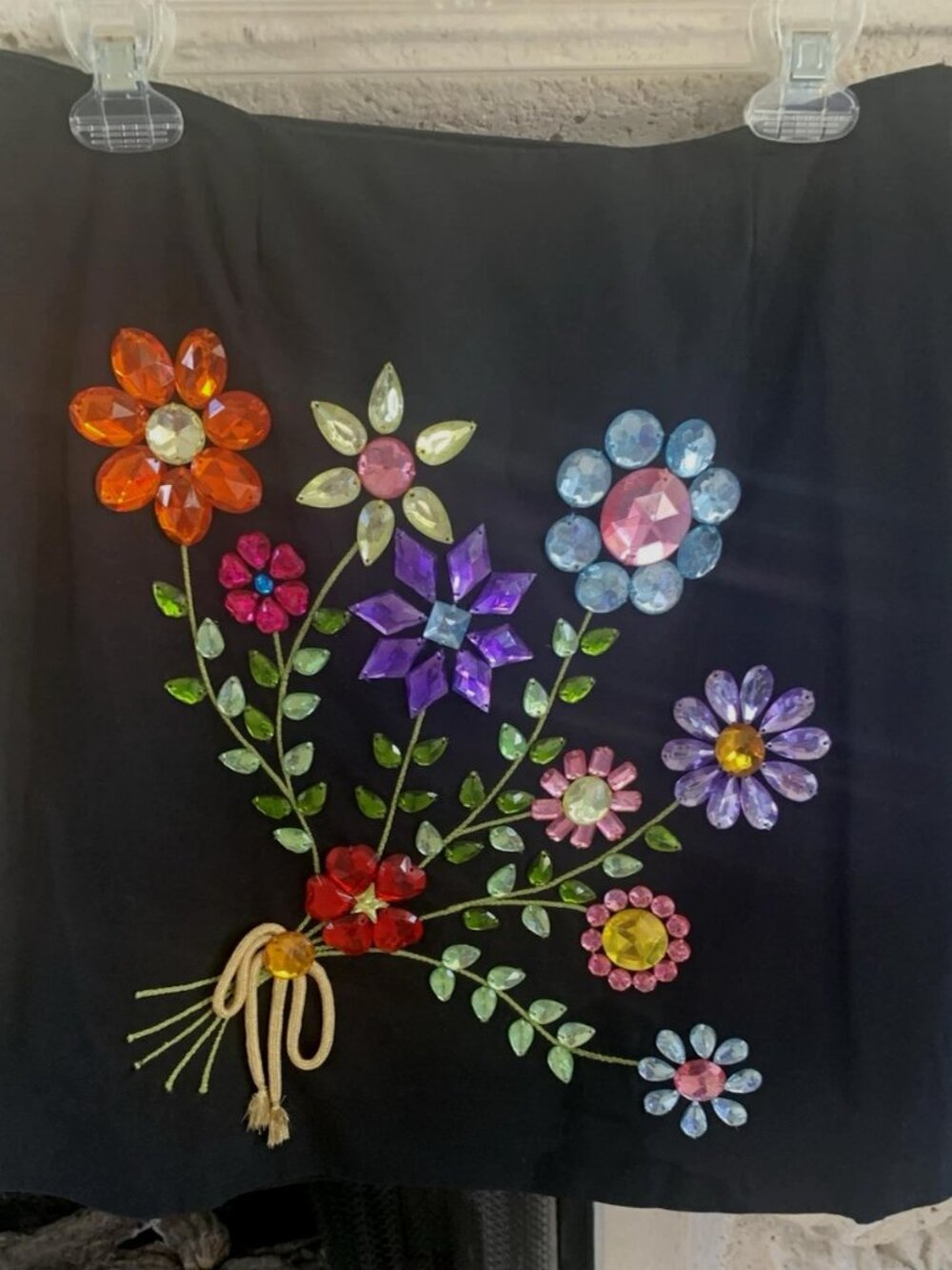 MOSCHINO VINTAGE BLACK JACKET SKIRT SUIT COLORED GEMS FLOWERS STEMS USA 8 10 - Picture 14 of 16